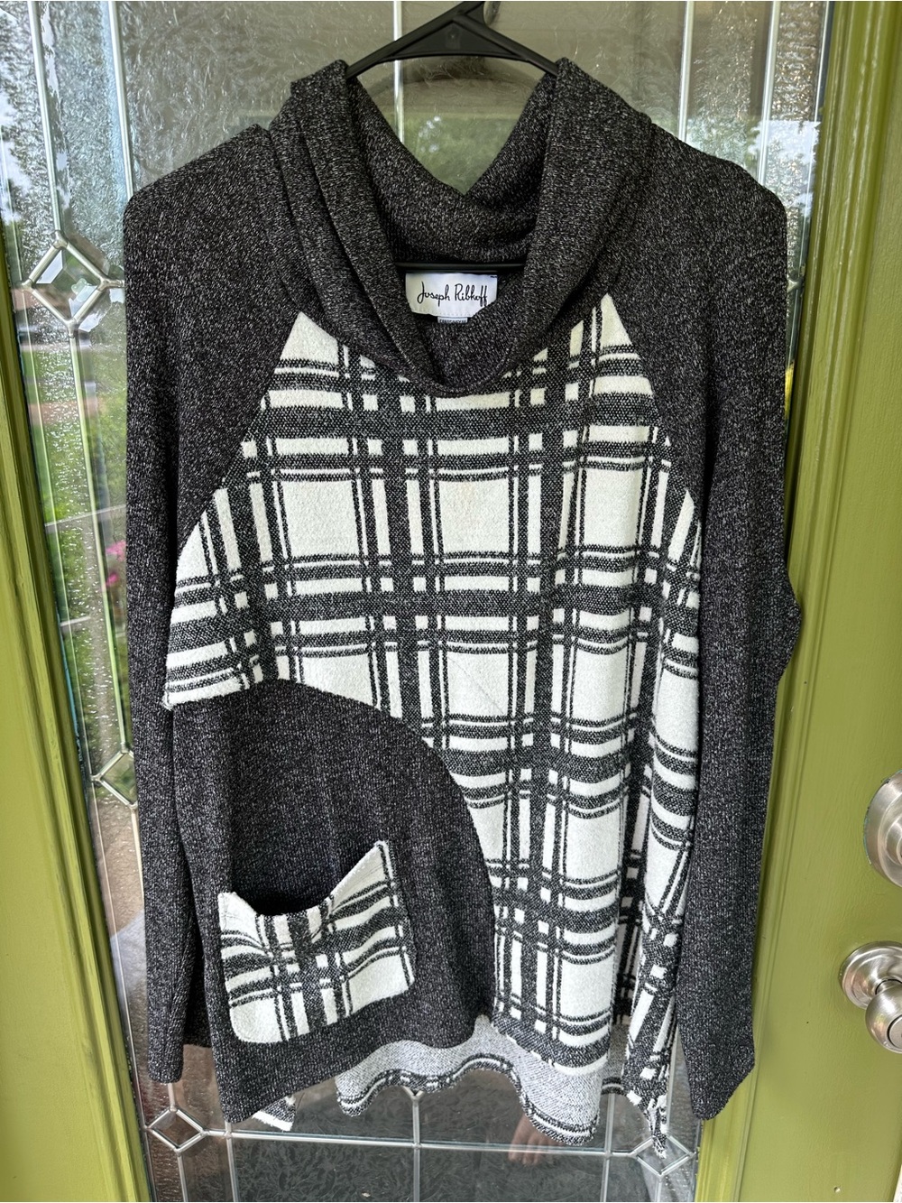 Joseph Ribkoff Women's Size 14 Black White Plaid Cowl Neck Sweater Pocket